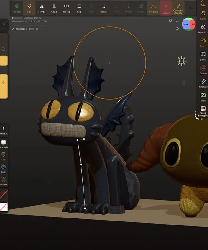 3D sculpting software showing dark winged cat dragon model